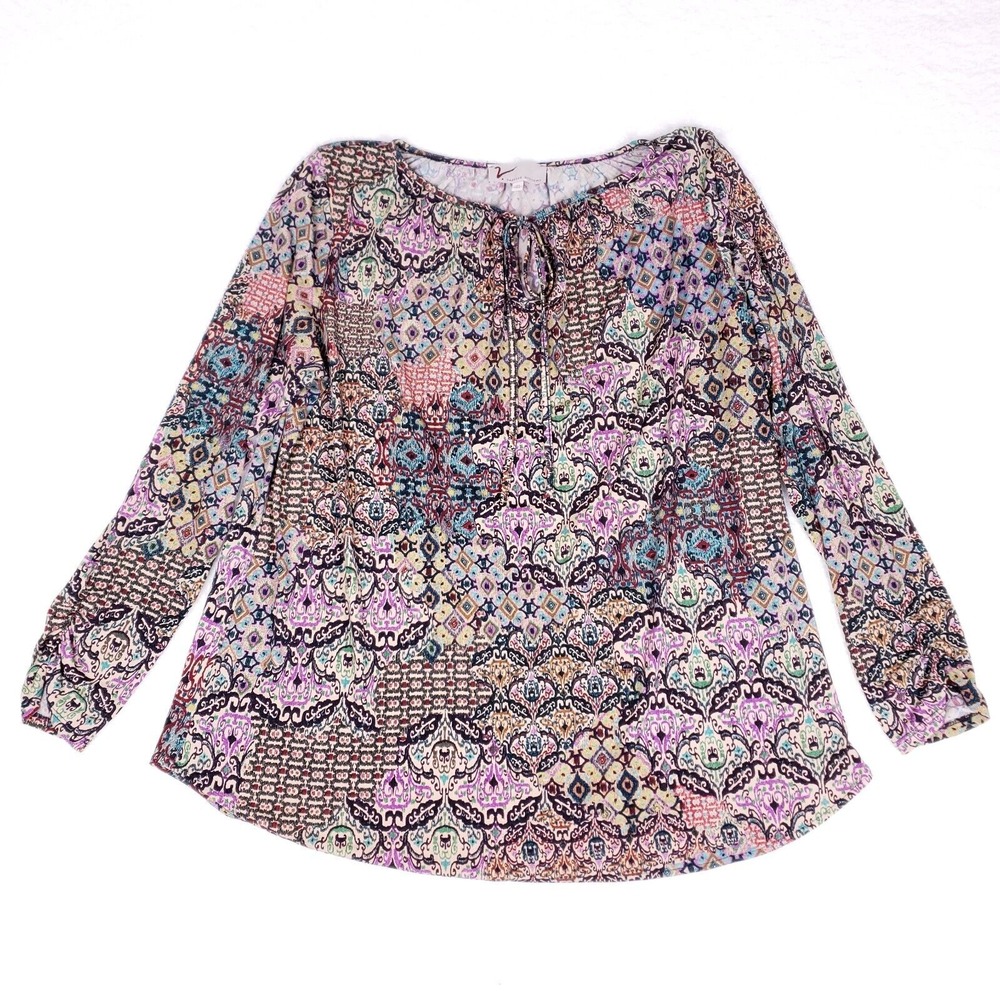 Vanessa Williams Boho Hippie Peasant Blouse Womens 2X Multicolor Printed Top USA